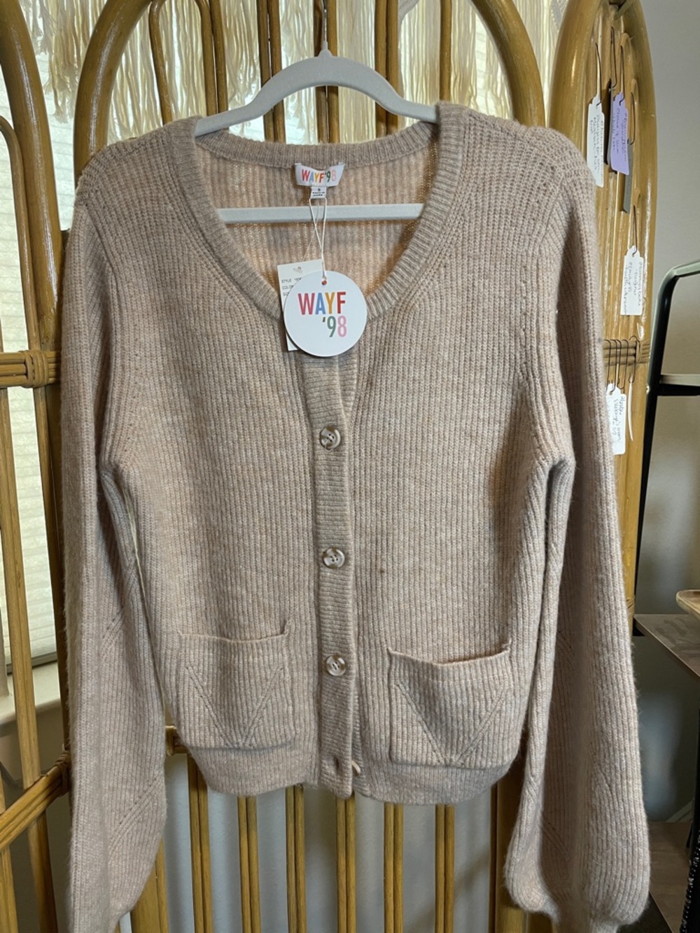 Wayf Beige V-Neck Button Front Cardigan - Picture 2 of 6
